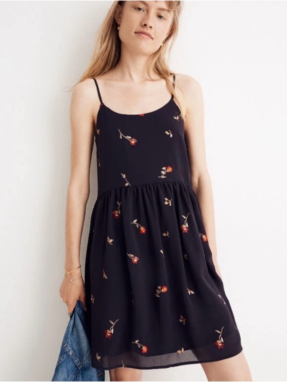 Madewell Navy Blue Babydoll Cami/ Spaghetti Strap Sundress Embroidered Flowers S